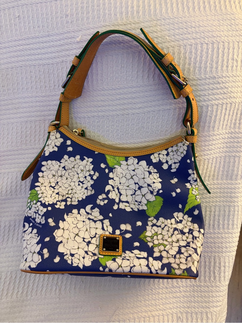 Dooney & Bourke Navy Blue Hydrangea Floral Shoulder Bag with Tan Trim - Picture 3 of 15